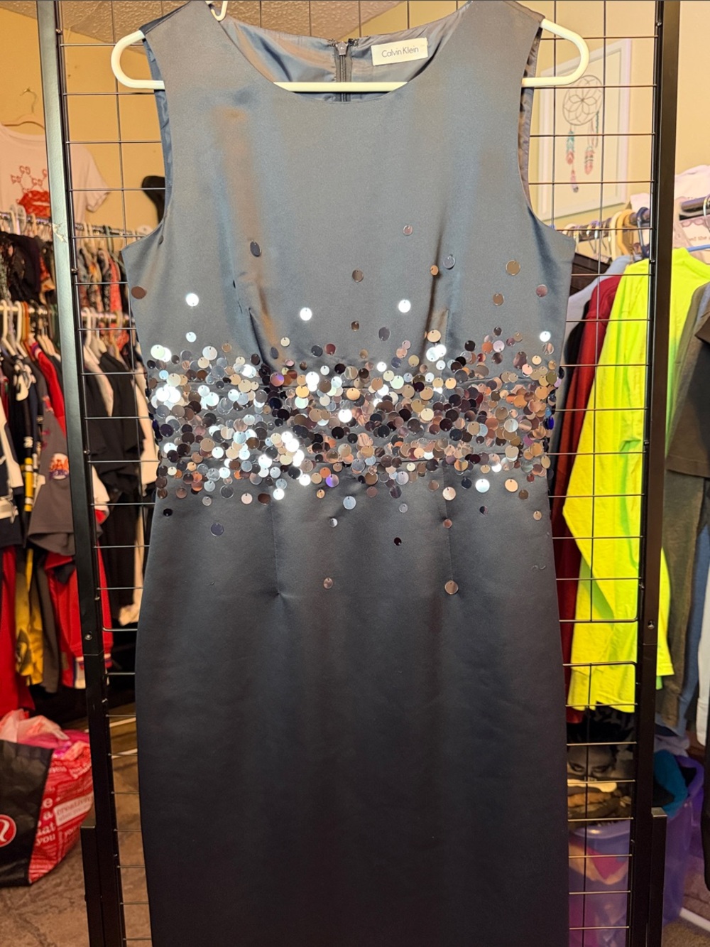 Calvin Klein Navy Sequin Sheath Midi Dress